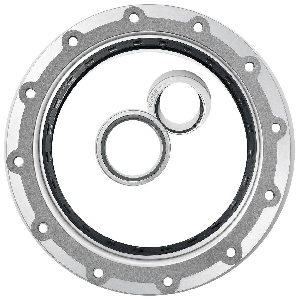 Cummins engine oil seals, metal flange gasket and seal rings on transparent background